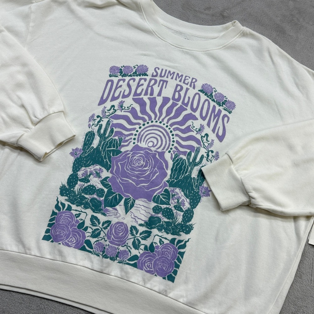 Z Supply Sweatshirt Women L Sea Salt Desert Blooms Graphic Boho Cacti Loungewear